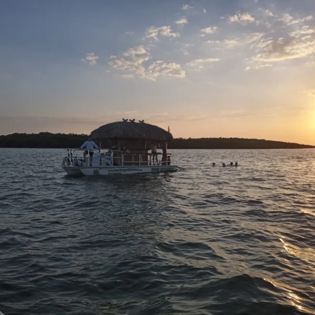 A tiki boats on the water at sunset.